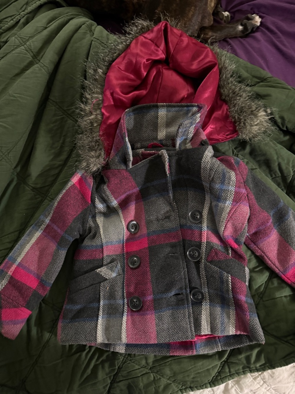 Dollhouse Girls' Plaid Peacoat with Faux Fur Hood - Pink, Gray, Blue